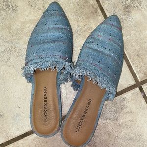 Lucky brand fringe denim chambray mules